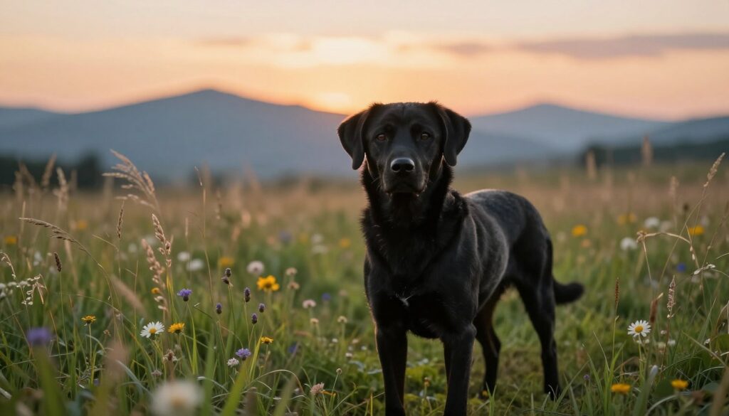 A gentle black dog standing in a serene meadow, symbolizing loyalty and hidden protection. In the foreground, the dog has a calm expression, with soft fur reflecting the golden light of the setting sun. The middle ground features wildflowers and tall, green grass swaying gently in a light breeze. In the background, a blurred outline of distant mountains under a colorful sunset sky creates an inviting atmosphere. The lighting is warm and soft, giving the scene a peaceful and contemplative mood. The angle captures the dog slightly off-center, emphasizing its watchfulness while still conveying a sense of companionship and strength. A gentle black dog standing in a serene meadow, symbolizing loyalty and hidden protection. In the foreground, the dog has a calm expression, with soft fur reflecting the golden light of the setting sun. The middle ground features wildflowers and tall, green grass swaying gently in a light breeze. In the background, a blurred outline of distant mountains under a colorful sunset sky creates an inviting atmosphere. The lighting is warm and soft, giving the scene a peaceful and contemplative mood. The angle captures the dog slightly off-center, emphasizing its watchfulness while still conveying a sense of companionship and strength.