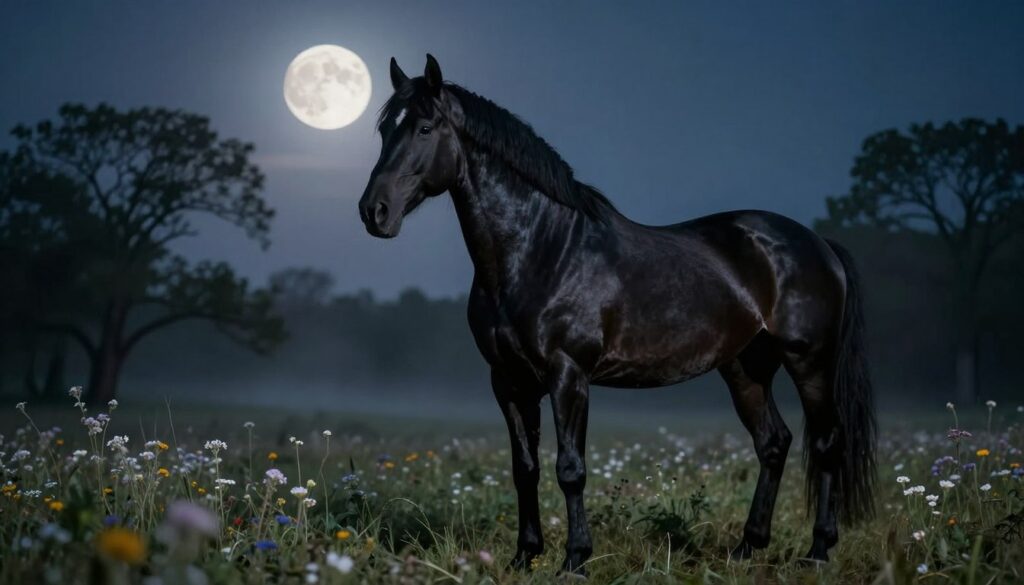 A majestic black horse stands in a serene, moonlit meadow, embodying strength and mystery. Its silky coat glistens under the soft glow of the full moon, highlighting the intricate details of its powerful musculature. In the foreground, delicate wildflowers sway gently as the night breeze weaves through them, adding a touch of softness to the powerful presence of the horse. In the middle ground, the horse gazes into the distance, its deep, expressive eyes reflecting an air of unpredictability and wisdom, hinting at the profound messages of dreams. The background features softly blurred silhouettes of ancient trees, shrouded in mist, enhancing the mystical atmosphere. The overall mood is tranquil yet charged with an enigmatic energy, captured with a wide-angle lens that emphasizes the horse’s majestic stature against the vast night sky.