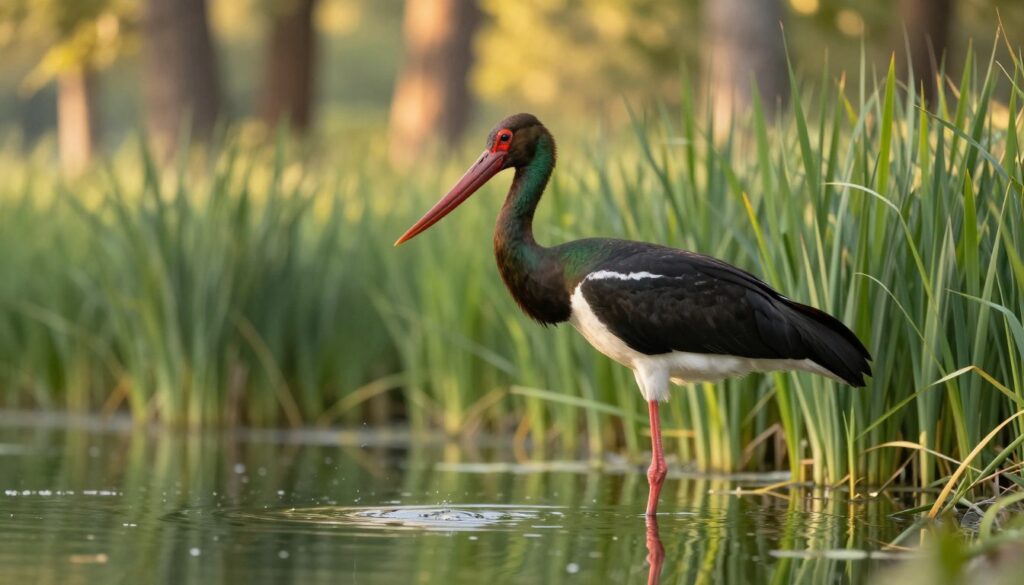 A majestic black stork gracefully standing near a serene, reflective pond, showcasing its striking plumage that contrasts sharply with the surrounding lush green reeds. The bird's long, slender neck is elegantly arched as it scans the water for fish, its red beak vivid against the dark feathers. In the background, a soft-focus of a tranquil forest drenched in the warm light of a late afternoon sun casts a golden hue over the scene. The atmosphere is peaceful and harmonious, capturing the essence of nature's beauty. Use a shallow depth of field to emphasize the stork in the foreground, with gentle bokeh effects enhancing the lush greenery behind. The lighting should be soft and warm, conveying a sense of calm and tranquility.