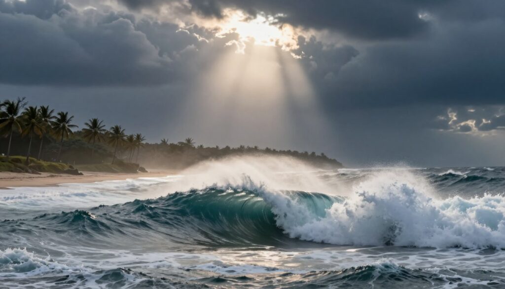 A massive tsunami looms majestically in the foreground, its towering waves crashing with immense power against the shore, capturing the raw force of nature. The middle ground features a tranquil beach, with palm trees swaying gently, contrasting the tumultuous ocean. In the background, dark storm clouds gather, emphasizing the gravity of impending change. The lighting is dramatic, with rays of sunlight breaking through the clouds, illuminating the wave in an ethereal glow, creating a sense of foreboding yet beauty. The overall mood is one of awe and anticipation, reflecting the imminent transformation that a tsunami symbolizes. The scene is captured in wide-angle perspective, enhancing the vastness of the ocean and the height of the waves while maintaining a safe and serene atmosphere.