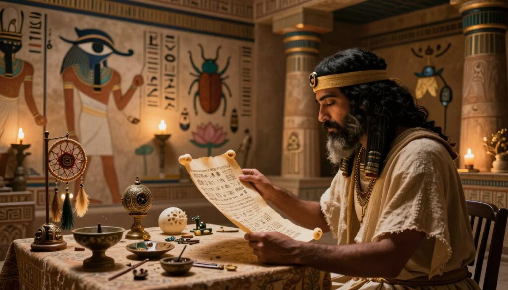 A mystical scene depicting an ancient Egyptian dream interpretation setting, featuring a richly decorated room filled with hieroglyphics and vibrant wall murals illustrating symbolic elements such as the Eye of Horus, a scarab beetle, and lotus flowers. In the foreground, a scholar in modest attire, deep in thought, examines a papyrus scroll adorned with intricate dream symbols. The middle ground showcases a table cluttered with artifacts related to dreams, including dream catchers and incense burners. The background features Egyptian architecture, with tall pillars and warm, candle-like lighting that casts soft shadows, creating an ethereal atmosphere. The composition evokes a sense of ancient mystery and knowledge, inviting viewers to ponder the significance of dreams in ancient times.