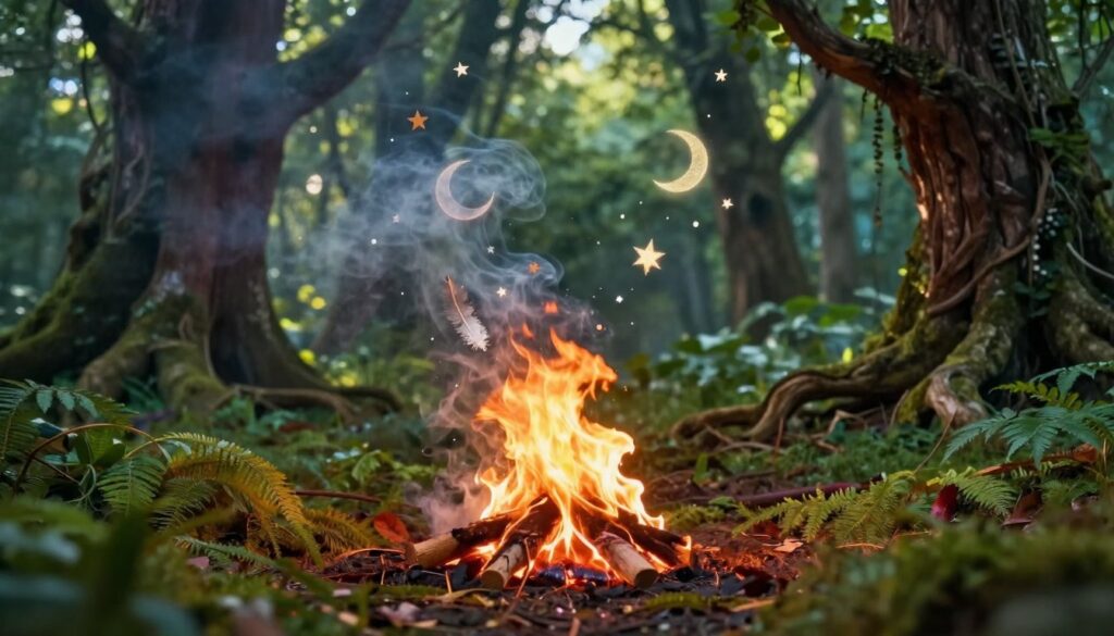 A mystical scene depicting the significance of smoke and fire in folklore, with a vibrant, enchanting forest in the background. In the foreground, a small circle of flickering flames dances peacefully, casting warm light on the surrounding lush greenery. Wisps of gentle smoke curl upward, intertwining with ethereal symbols of dreams—feathers, moons, and stars—floating delicately above the fire. The middle ground features ancient trees, their roots twisting as if sharing secrets of tradition. Soft, dappled sunlight filters through the leaves, creating an atmosphere of serene mystery. The colors are rich and warm, evoking a sense of both caution and allure. The image captures an otherworldly vibe that reflects the deeper meaning behind smoke and fire in cultural narratives. A mystical scene depicting the significance of smoke and fire in folklore, with a vibrant, enchanting forest in the background. In the foreground, a small circle of flickering flames dances peacefully, casting warm light on the surrounding lush greenery. Wisps of gentle smoke curl upward, intertwining with ethereal symbols of dreams—feathers, moons, and stars—floating delicately above the fire. The middle ground features ancient trees, their roots twisting as if sharing secrets of tradition. Soft, dappled sunlight filters through the leaves, creating an atmosphere of serene mystery. The colors are rich and warm, evoking a sense of both caution and allure. The image captures an otherworldly vibe that reflects the deeper meaning behind smoke and fire in cultural narratives.