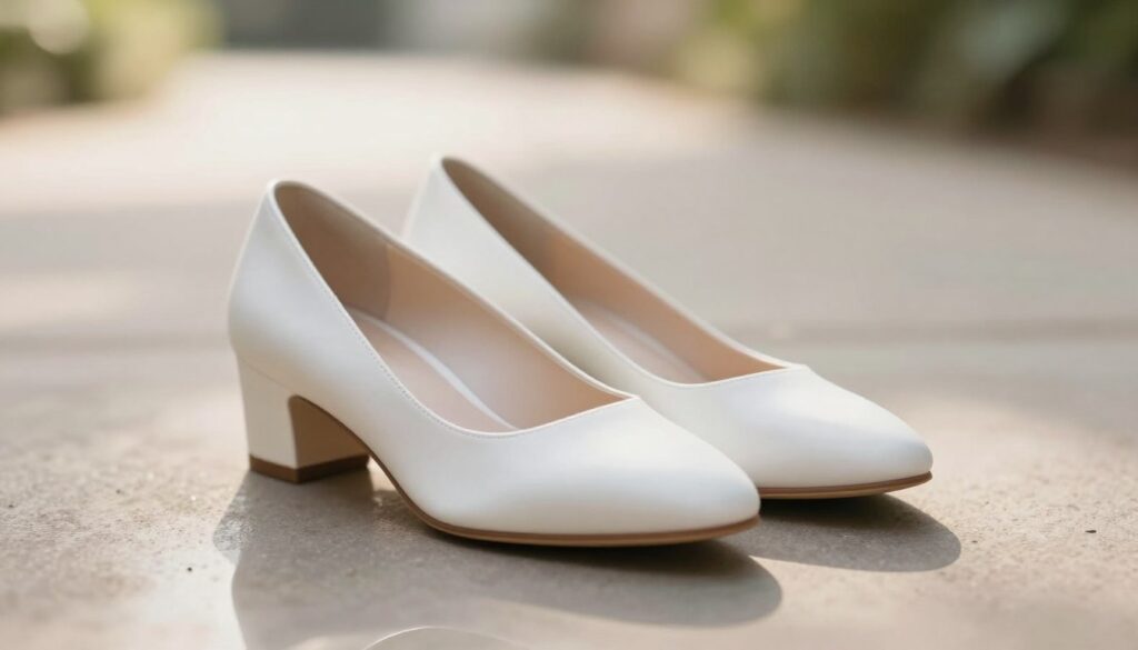 A pair of elegant, white shoes is elegantly poised on a reflective surface, symbolizing purity and a new journey. The shoes are stylishly designed, showcasing smooth lines and a modern silhouette. Surrounding them is a softly blurred, neutral-toned environment, hinting at a gentle transition into a serene path. In the background, subtle hints of greenery and sunlight filtering through leaves create a peaceful and hopeful atmosphere. The lighting is warm and inviting, casting delicate shadows that enhance the shoes' features. Camera angle is slightly elevated, focusing primarily on the footwear while softening the surroundings, evoking a sense of introspection and choice. The overall mood is tranquil yet inspiring, encouraging reflection on personal symbolism and decisions.