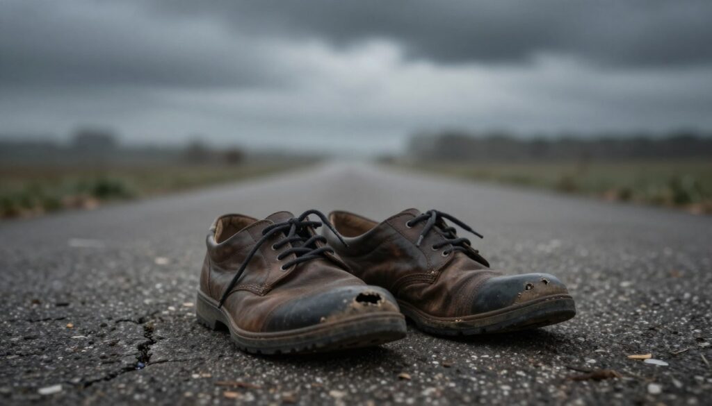 A pair of worn-out shoes with visible holes, resting on a cracked pavement under a gloomy sky. In the foreground, the shoes are detailed with frayed laces and scuffed leather, symbolizing weariness and the burdens of life. The middle ground features a blurred path leading to a distant horizon, with a hint of fog enveloping it, suggesting obstacles and uncertainty. The background displays dark, overcast clouds, enhancing the mood of fatigue and contemplation. Soft, diffused lighting casts gentle shadows, creating an introspective atmosphere. Capture this scene from a low angle to emphasize the shoes while inviting the viewer to reflect on the meaning behind their condition.