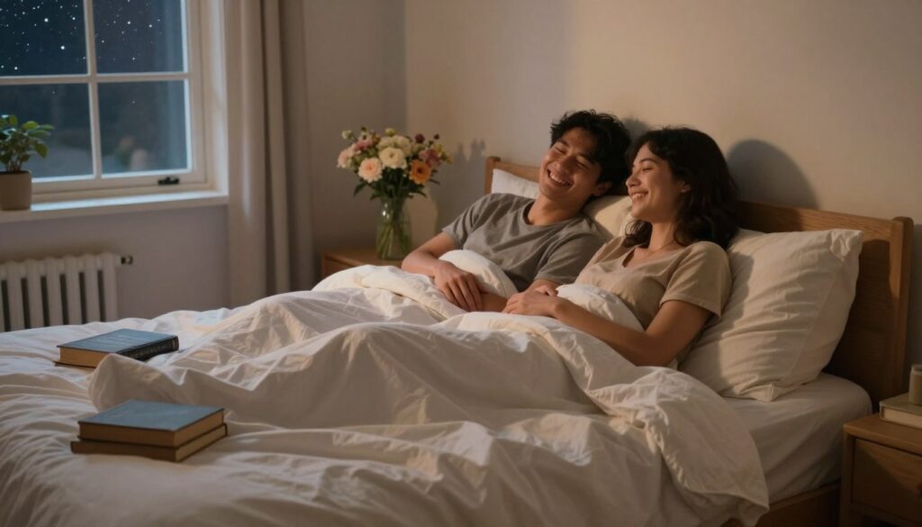 A peaceful bedroom scene at twilight, where soft, warm lighting creates a calming atmosphere. In the foreground, a cozy bed with a gently rumpled white comforter, plush pillows, and a few scattered books symbolizes the restful influence of sleep. In the middle, a couple in modest, casual clothing sits together on the bed, sharing quiet laughter, reflecting the deep connections and emotional intimacy fostered by restful nights. In the background, a window displays a starry sky, hinting at dreams and aspirations, while a vase of fresh flowers on the bedside table represents gratitude and beauty in relationships. The overall mood is serene and reflective, emphasizing the positive impact of sleep on daily life and relationships. A peaceful bedroom scene at twilight, where soft, warm lighting creates a calming atmosphere. In the foreground, a cozy bed with a gently rumpled white comforter, plush pillows, and a few scattered books symbolizes the restful influence of sleep. In the middle, a couple in modest, casual clothing sits together on the bed, sharing quiet laughter, reflecting the deep connections and emotional intimacy fostered by restful nights. In the background, a window displays a starry sky, hinting at dreams and aspirations, while a vase of fresh flowers on the bedside table represents gratitude and beauty in relationships. The overall mood is serene and reflective, emphasizing the positive impact of sleep on daily life and relationships.
