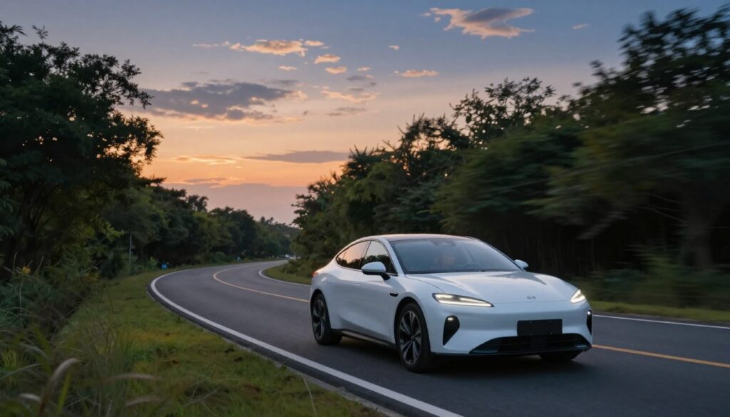 A peaceful dream scene illustrating a white car driving calmly along a winding road at twilight. In the foreground, the sleek white car is in focus, with a serene expression visible on the driver's face, displaying a sense of tranquility. In the middle ground, the road curves gently through lush trees and soft grass, creating a sense of harmony with nature. The background features a softly lit sky transitioning from orange to deep blue, scattered with delicate clouds. The mood is tranquil and reflective, conveying a sense of serene direction change. The lighting is warm, enhancing the atmosphere of peacefulness. The angle is slightly elevated, capturing the beauty of the surroundings while keeping the car central in the composition.
