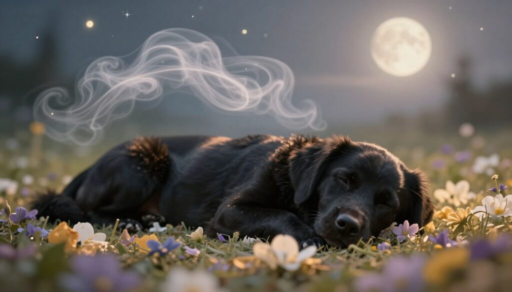 A peaceful dreamscape where a gentle black dog is lying on a soft bed of flowers, symbolizing a calm and trusting environment. In the foreground, the dog's fur glistens under a warm, golden light, casting soft shadows on the petals around it. In the middle, ethereal wisps of dreamlike clouds swirl, suggesting the signals and messages from the surroundings that emerge during sleep. The background features a serene landscape with softly glowing stars and a gentle moon, enhancing the tranquil atmosphere. Use a slightly blurred focus to emphasize the dreamlike quality and capture a sense of deep trust and comfort within the dream. The overall mood is calming and serene, inviting viewers to explore the significance of understanding signals in dreams. A peaceful dreamscape where a gentle black dog is lying on a soft bed of flowers, symbolizing a calm and trusting environment. In the foreground, the dog's fur glistens under a warm, golden light, casting soft shadows on the petals around it. In the middle, ethereal wisps of dreamlike clouds swirl, suggesting the signals and messages from the surroundings that emerge during sleep. The background features a serene landscape with softly glowing stars and a gentle moon, enhancing the tranquil atmosphere. Use a slightly blurred focus to emphasize the dreamlike quality and capture a sense of deep trust and comfort within the dream. The overall mood is calming and serene, inviting viewers to explore the significance of understanding signals in dreams.