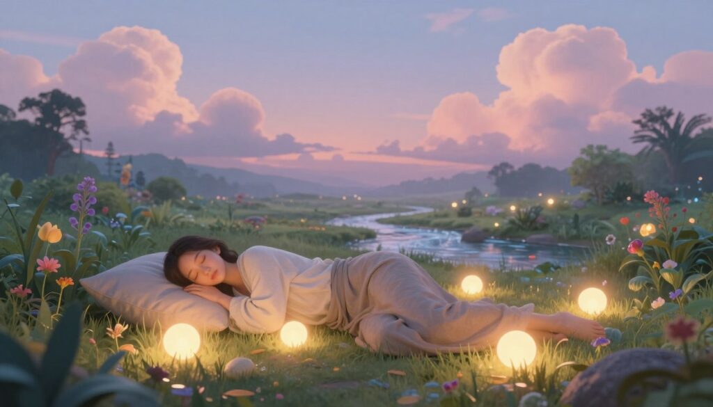 A peaceful scene illustrating the transformation and renewal associated with sleep, featuring a serene figure meditating in a tranquil, dreamlike environment. In the foreground, the meditating figure is dressed in calming, modest clothing, surrounded by soft, glowing orbs of light that represent positive energy and inner peace. The middle ground contains a lush, ethereal landscape with gently flowing streams and vibrant flora, symbolizing growth and healing. In the background, soft, pastel-colored clouds float gently in a twilight sky, creating a soothing atmosphere. The lighting is soft and warm, casting a gentle glow across the scene, evoking a sense of serenity and hope. The overall mood is tranquil and uplifting, inviting viewers to reflect on the healing power of dreams. A peaceful scene illustrating the transformation and renewal associated with sleep, featuring a serene figure meditating in a tranquil, dreamlike environment. In the foreground, the meditating figure is dressed in calming, modest clothing, surrounded by soft, glowing orbs of light that represent positive energy and inner peace. The middle ground contains a lush, ethereal landscape with gently flowing streams and vibrant flora, symbolizing growth and healing. In the background, soft, pastel-colored clouds float gently in a twilight sky, creating a soothing atmosphere. The lighting is soft and warm, casting a gentle glow across the scene, evoking a sense of serenity and hope. The overall mood is tranquil and uplifting, inviting viewers to reflect on the healing power of dreams.