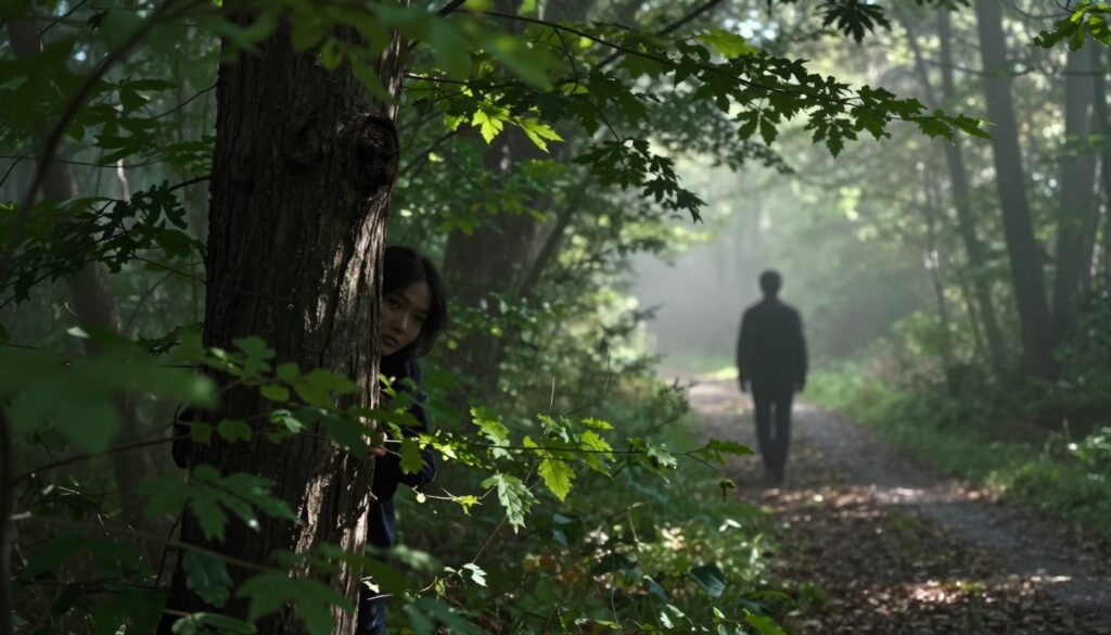 A person hiding behind a large tree in a shadowy forest, glancing cautiously at a distant figure walking along a narrow path. The foreground features the vibrant green foliage and textured bark of the tree, emphasizing the sense of hiding and secrecy. In the middle ground, the silhouette of the figure is partially illuminated by a soft, dappled sunlight filtering through the leaves, creating a contrast of light and dark. The background reveals a misty, ethereal landscape with faded trees, adding depth and a sense of isolation. The atmosphere is tense and filled with unease, evoking feelings of fear and the need for safety. Use a slightly blurred lens effect for the edges to amplify the focus on the hiding individual.