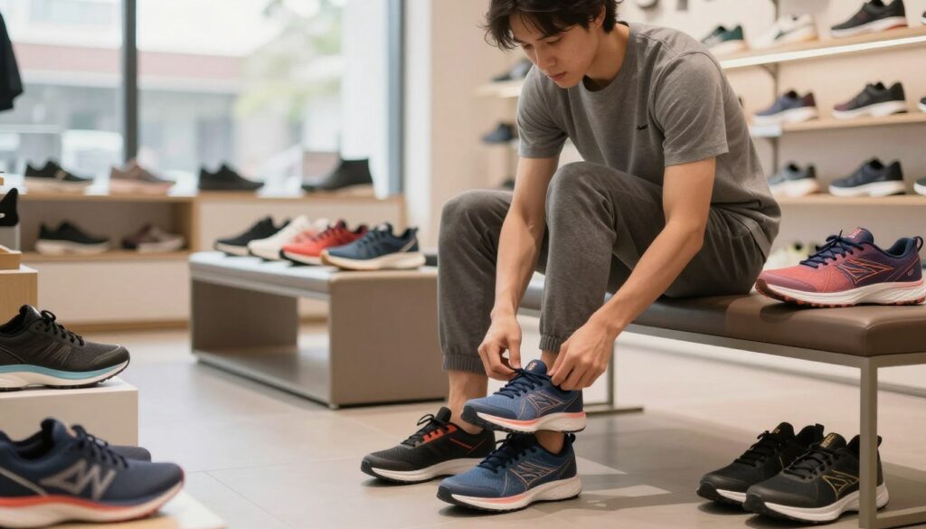 A person in a modern shoe store, trying on a pair of stylish athletic shoes, sits on a sleek bench surrounded by neatly organized displays of various footwear. The foreground features the individual's focused expression, showing their consideration of comfort and fit, with their shoes partially off. In the middle, colorful athletic shoes in different styles and sizes are artistically arranged, reflecting the theme of activity and readiness. The background showcases soft, warm lighting and large windows filtering natural light, creating a welcoming atmosphere. The scene captures a moment of anticipation and determination, emphasizing the importance of choosing the right shoes for an active lifestyle. The overall mood is one of excitement and readiness for physical challenges.