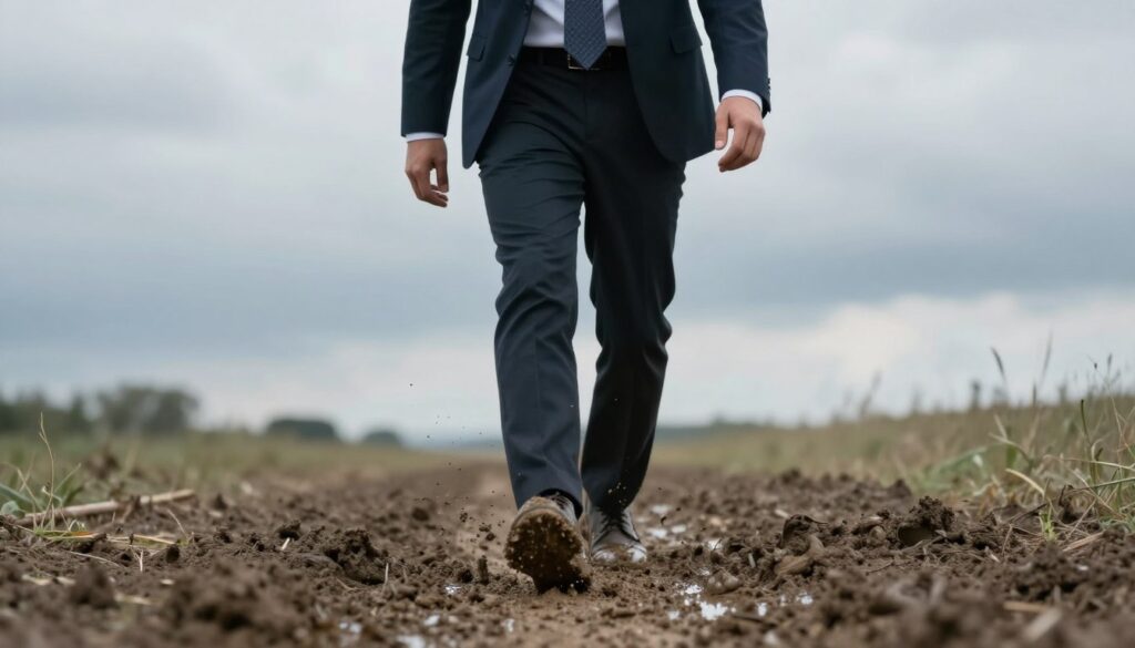 A person in professional business attire carefully walking through a muddy path, their shoes splattered with mud to symbolize life's struggles. In the foreground, the muddy ground is detailed with various textures, highlighting the difficulty of the journey. The midground features the individual’s contemplative expression, showing determination and resilience despite the obstacles. In the background, a dreary sky with soft, diffused lighting enhances the mood of challenge and introspection. The scene captures a balance of gloom and hope, emphasizing the metaphor of life's struggles and emotional burdens. The overall atmosphere is reflective and introspective, focusing on the journey through adversity. A person in professional business attire carefully walking through a muddy path, their shoes splattered with mud to symbolize life's struggles. In the foreground, the muddy ground is detailed with various textures, highlighting the difficulty of the journey. The midground features the individual’s contemplative expression, showing determination and resilience despite the obstacles. In the background, a dreary sky with soft, diffused lighting enhances the mood of challenge and introspection. The scene captures a balance of gloom and hope, emphasizing the metaphor of life's struggles and emotional burdens. The overall atmosphere is reflective and introspective, focusing on the journey through adversity.