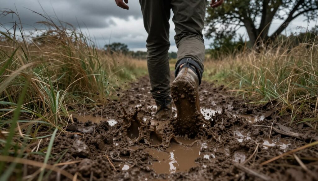 A person walking carefully through a muddy terrain, their shoes half-sunk in the rich brown mud, showcasing the struggle and effort of navigating this challenging landscape. The foreground features splashes of mud and a pair of sturdy boots, emphasizing the physicality of the journey. In the middle ground, tall, overgrown grass sways gently, partially obscuring the path, while trees loom in the background, their branches heavy with dark, moody clouds overhead. The lighting is diffused, casting a somber tone across the scene, suggesting a sense of introspection and chaos. The atmosphere is thick with tension, evoking feelings of hidden challenges and emotional turmoil, capturing the essence of the dream context.