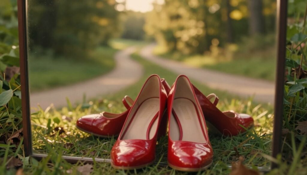 A picturesque scene showcasing a pair of vibrant red shoes set prominently in the foreground, symbolizing choice and confidence. The shoes should have a glossy finish, reflecting soft light to emphasize their allure. In the middle ground, a mirror frames these shoes, inviting reflection and contemplation on life's decisions. The background features a dreamy, blurred landscape of paths diverging in a lush, sunlit forest, symbolizing multiple life choices. The atmosphere should evoke introspection and empowerment, bathed in warm golden hour lighting to create a nostalgic yet hopeful mood. The angle is slightly overhead, providing a unique perspective that highlights both the shoes and the reflective surface of the mirror.