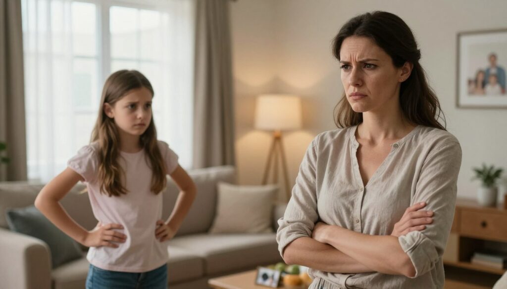 A poignant scene capturing a tense moment between a mother and her daughter during a domestic argument in a softly lit living room. The foreground features the mother, in modest casual attire, with furrowed brows and crossed arms, conveying frustration. The daughter, also dressed casually, stands nearby, looking hurt and defiant, hands on her hips. In the middle ground, a cozy couch and family photos hint at the warmth of their relationship juxtaposed with the current emotional conflict. The background shows a window with gentle daylight filtering in, casting a warm glow that contrasts with the tension in the room. The atmosphere is charged with unspoken emotions, highlighting the complexity of familial bonds and inner turmoil. Use a medium focal length and soft focus to emphasize the depth of their expressions.