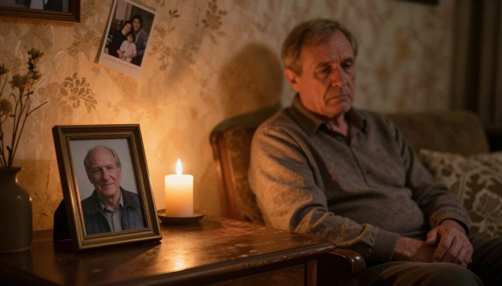 A poignant scene depicting a sick father figure who has passed away, sitting in a dimly lit, cozy living room, surrounded by warm hues of soft orange and brown. In the foreground, a framed photograph of the father, with a gentle smile, rests on an old wooden table, symbolizing cherished memories. In the middle ground, a flickering candle casts shadows, adding an air of nostalgia and longing. The background features a faded wallpaper and a glimpse of a family photo hanging askew, enhancing the theme of unresolved matters. The atmosphere is heavy with emotion, evoking a sense of loss and reflection. The image should be captured with a soft focus lens, emphasizing the warmth while maintaining a slightly melancholic ambiance. No people or text elements should be present.