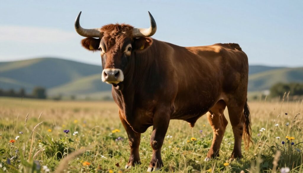 A powerful and majestic bull stands firmly in a sunlit meadow, showcasing its muscular form and intense gaze. The foreground highlights its glossy coat and strong physique, symbolizing strength and determination. In the middle ground, soft grasses sway gently, representing the steadfast nature of the bull, while subtle wildflowers add a touch of vibrant color. In the background, rolling hills and a serene blue sky create an atmosphere of tranquility and introspection. The lighting is warm, emphasizing the bull's features while casting soft shadows, enhancing the sense of depth. The mood is contemplative and dynamic, reflecting the psychological foundations of dreaming about bulls, representing the complexity of emotions and resilience. The composition captures a moment of introspective strength, inviting the viewer to connect with the symbolism of the bull.