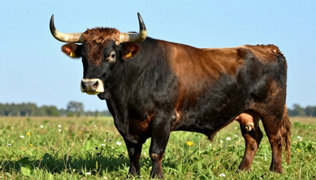 A powerful and majestic bull stands prominently in the foreground, showcasing its robust physique and striking coat patterns, reflecting shades of deep black, earthy brown, and hints of white. The bull's muscular frame and strong horns emphasize its strength and tenacity, while its expressive eyes convey intense emotions and determination. In the middle ground, a lush green pasture unfurls, dotted with wildflowers, under a bright blue sky that enhances the overall vibrancy of the scene. The soft sunlight casts a warm glow, highlighting the textures of the bull's fur and the grasses swaying gently in the breeze. This image captures the essence of power and resilience, evoking feelings of admiration and respect for this magnificent creature. The shot is taken from a slightly lower angle to enhance the bull's imposing stature, creating a natural yet dramatic atmosphere.