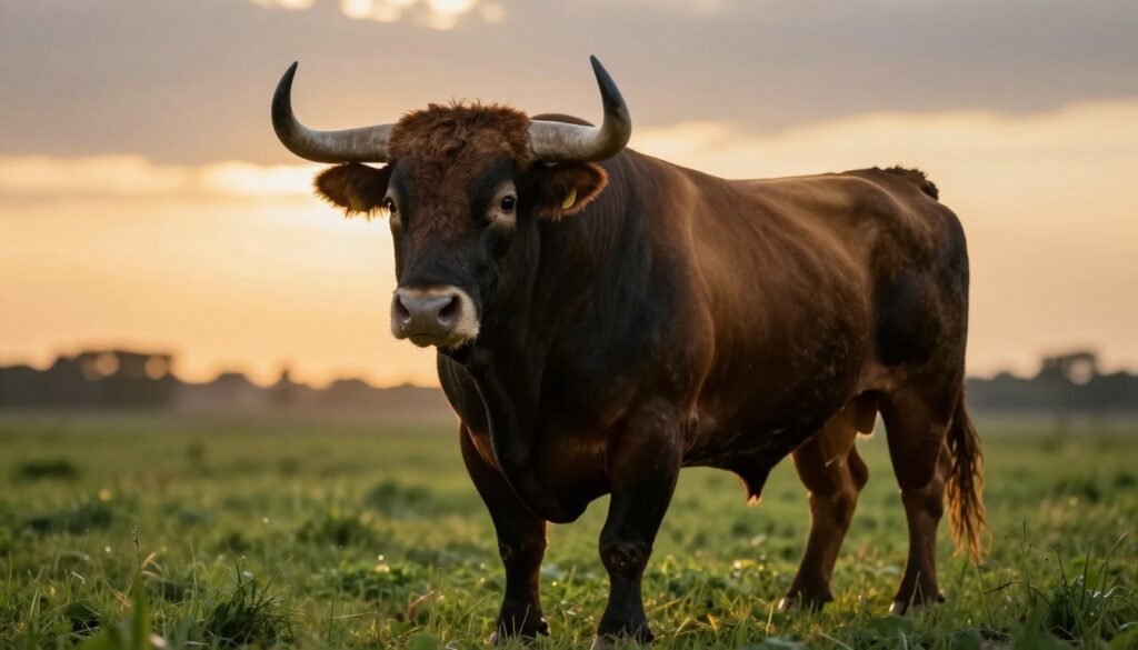 A powerful bull, symbolizing strength and aggression, stands majestically in the foreground, its muscular body highlighted by the vivid contrast of its deep brown and ebony coat. Its intense eyes radiate a sense of threat and urgency, reflecting the mood of the section surrounding color and physical traits. In the middle ground, a lush green field stretches out, enhancing the bull's imposing figure and suggesting a natural habitat where it presides as the dominant creature. The background features a dramatic sunset, casting warm golden light that accentuates the bull's features and creates an atmosphere of tension. The image is captured from a low angle, emphasizing the bull's stature and power, with a shallow depth of field to keep the focus on the bull while maintaining a soft blur on the field. A powerful bull, symbolizing strength and aggression, stands majestically in the foreground, its muscular body highlighted by the vivid contrast of its deep brown and ebony coat. Its intense eyes radiate a sense of threat and urgency, reflecting the mood of the section surrounding color and physical traits. In the middle ground, a lush green field stretches out, enhancing the bull's imposing figure and suggesting a natural habitat where it presides as the dominant creature. The background features a dramatic sunset, casting warm golden light that accentuates the bull's features and creates an atmosphere of tension. The image is captured from a low angle, emphasizing the bull's stature and power, with a shallow depth of field to keep the focus on the bull while maintaining a soft blur on the field.