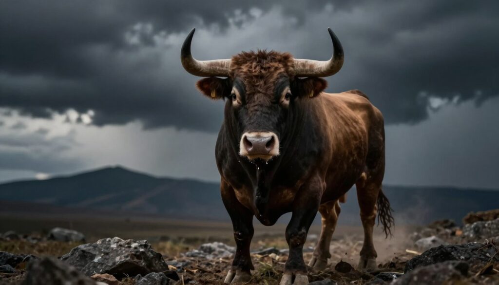 A powerful, imposing bull in the foreground, its horns prominently displayed, exuding a sense of strength and intensity. The bull stands on a rocky terrain, muscular body taut and breathing heavily, symbolizing aggression and determination. In the middle ground, a blurred vision of a dark, stormy sky filled with ominous clouds, casting dramatic shadows over the landscape, enhancing the mood of tension and unease. In the background, a faint silhouette of a distant mountain range, adding depth and a sense of isolation. The lighting is dim and moody, with a focused beam highlighting the bull’s fierce expression, capturing its raw energy and the psychological themes of danger, anger, and pressure. The composition is shot at a low angle to emphasize the bull's dominance. A powerful, imposing bull in the foreground, its horns prominently displayed, exuding a sense of strength and intensity. The bull stands on a rocky terrain, muscular body taut and breathing heavily, symbolizing aggression and determination. In the middle ground, a blurred vision of a dark, stormy sky filled with ominous clouds, casting dramatic shadows over the landscape, enhancing the mood of tension and unease. In the background, a faint silhouette of a distant mountain range, adding depth and a sense of isolation. The lighting is dim and moody, with a focused beam highlighting the bull’s fierce expression, capturing its raw energy and the psychological themes of danger, anger, and pressure. The composition is shot at a low angle to emphasize the bull's dominance.