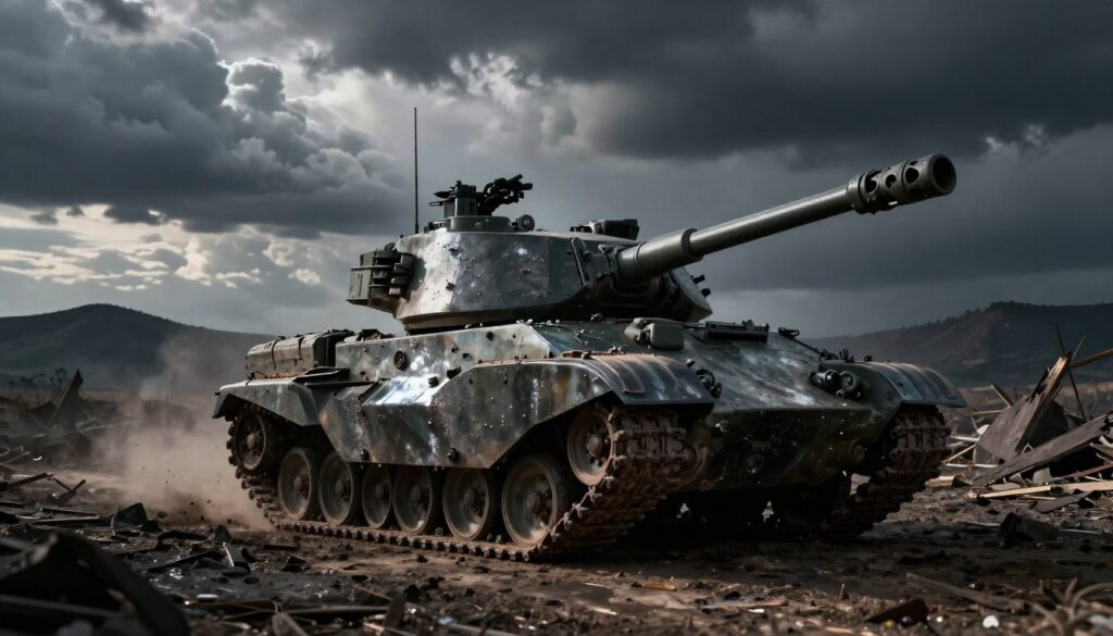 A powerful tank moves steadily through a stark, war-torn landscape, symbolizing pressure and relentless strength. In the foreground, the tank's metallic surface glints under a dramatic, cloudy sky, reflecting the tension of its surroundings. The middle ground features debris and remnants of conflict, creating a contrast with the tank’s formidable presence. In the background, dark silhouettes of distant hills merge with the ominous sky, enhancing the mood of conflict and struggle. The lighting is moody and dramatic, with harsh contrasts highlighting the tank's armor. A low-angle perspective accentuates the tank's dominance, evoking a sense of control amidst chaos—a representation of internal conflict and the desire for authority. The atmosphere is heavy with anticipation and unrest.