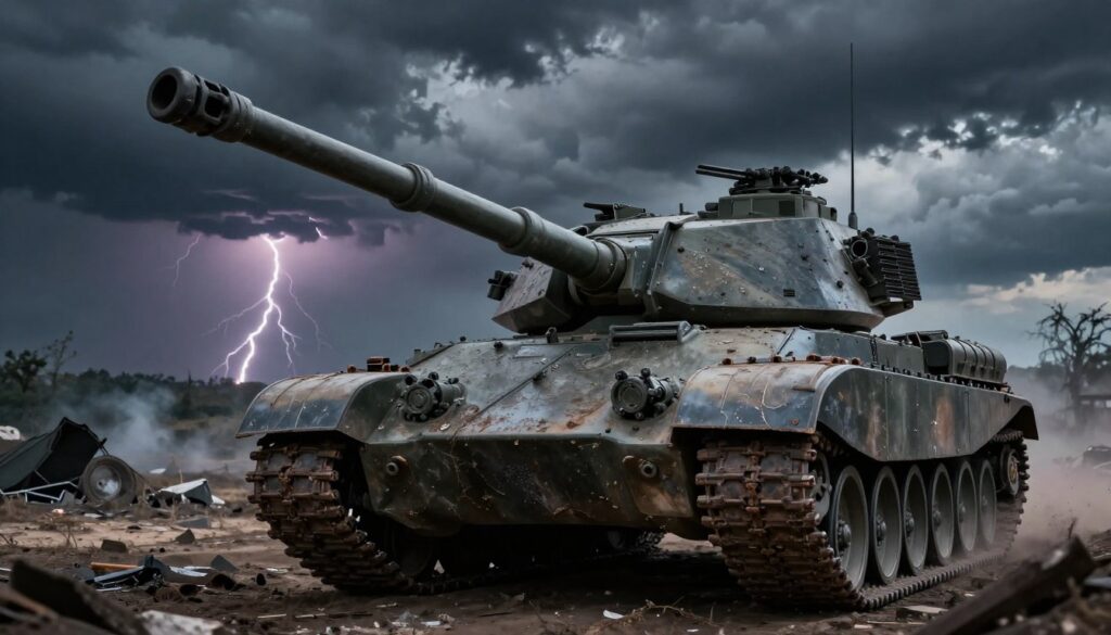 A powerful tank stands resolutely in the foreground, representing strength and determination. Its textured metallic surface glistens under dramatic lighting, showcasing intricate details of its armor and mechanics. The tank's barrel is subtly angled upward, emphasizing its imposing presence. In the middle ground, a barren battlefield stretches out, littered with remnants of conflict such as debris and smoke, creating an atmosphere of tension and unease. The background features a stormy sky, casting a shadowy hue over the scene, with flashes of distant lightning illuminating the dark clouds. The overall mood is somber yet evocative, encapsulating the psychological weight of the tank as a symbol of pressure, conflict, and relentless power. The composition is framed from a slightly low angle, enhancing the tank's dominance while ensuring a cinematic feel.