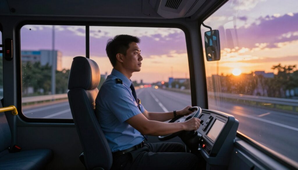 A professional bus driver in a smart uniform, focused and determined, sits in the driver’s seat of a large, modern bus. The interior is well-lit, showcasing control panels and a view of the road ahead through the windshield. The middle ground features an urban landscape outside, symbolizing life's journey, with blurred city lights indicating movement and progress. In the background, a vivid sunset casts warm golden and purple hues, creating a reflective atmosphere. The image conveys a mood of empowerment and responsibility, illustrating the driver as a metaphor for agency in life. Use soft lighting to enhance depth, with a slight bokeh effect on the background, highlighting the driver and enhancing the theme of control and direction. A professional bus driver in a smart uniform, focused and determined, sits in the driver’s seat of a large, modern bus. The interior is well-lit, showcasing control panels and a view of the road ahead through the windshield. The middle ground features an urban landscape outside, symbolizing life's journey, with blurred city lights indicating movement and progress. In the background, a vivid sunset casts warm golden and purple hues, creating a reflective atmosphere. The image conveys a mood of empowerment and responsibility, illustrating the driver as a metaphor for agency in life. Use soft lighting to enhance depth, with a slight bokeh effect on the background, highlighting the driver and enhancing the theme of control and direction.