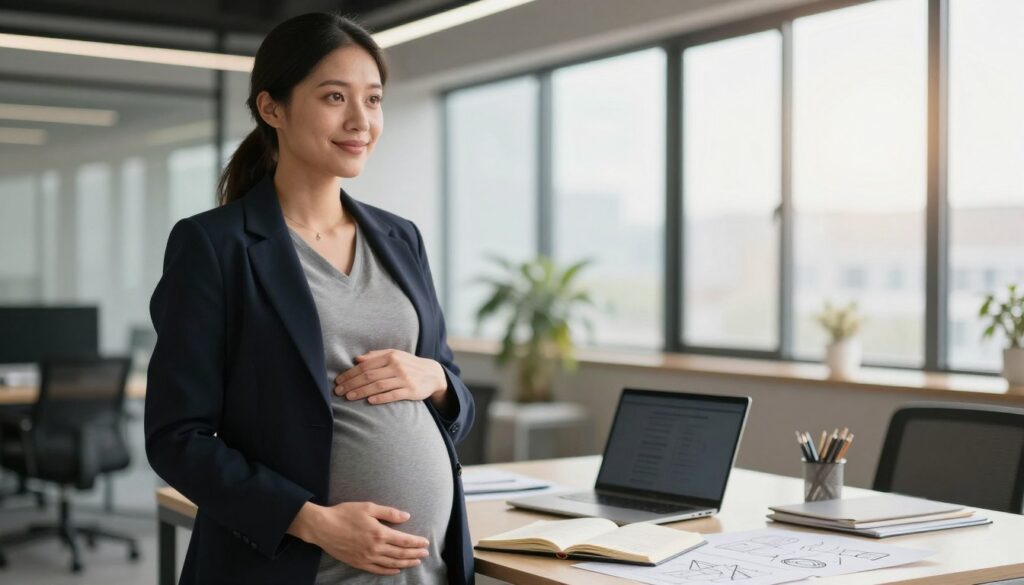 A professional woman in business attire stands thoughtfully in the foreground, cradling her pregnant belly, symbolizing personal growth and the cultivation of ideas. She exudes determination and confidence, with a gentle smile that implies readiness for new ventures. In the middle ground, an open notebook and a laptop rest on a desk, surrounded by sketches and plans, representing her career projects and ambitions. The background features a modern office with large windows, letting in warm natural light that creates a soft, inviting atmosphere. The scene is captured from a slight angle, emphasizing the depth of the workspace while highlighting the woman in the foreground. The overall mood conveys a sense of hopeful anticipation and the merging of personal and professional development.