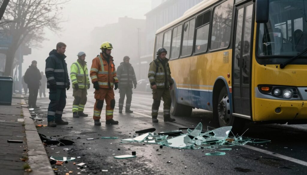 A reflective and evocative scene depicting a bus accident on a foggy street, emphasizing the aftermath of chaos and confusion. In the foreground, shattered glass and debris scatter across the asphalt, while a damaged bus leans precariously, its bright colors muted by the haze. In the middle ground, a group of first responders in professional attire assess the situation, their expressions serious and focused. The background fades into a blurred cityscape, shrouded in mist, symbolizing uncertainty and loss of control. The lighting is soft and diffused, with shadows casting dramatic contrasts, creating a somber yet contemplative atmosphere. The angle captures the scene from a low perspective, enhancing the impact of the incident while avoiding any depiction of explicit injury or trauma. A reflective and evocative scene depicting a bus accident on a foggy street, emphasizing the aftermath of chaos and confusion. In the foreground, shattered glass and debris scatter across the asphalt, while a damaged bus leans precariously, its bright colors muted by the haze. In the middle ground, a group of first responders in professional attire assess the situation, their expressions serious and focused. The background fades into a blurred cityscape, shrouded in mist, symbolizing uncertainty and loss of control. The lighting is soft and diffused, with shadows casting dramatic contrasts, creating a somber yet contemplative atmosphere. The angle captures the scene from a low perspective, enhancing the impact of the incident while avoiding any depiction of explicit injury or trauma.