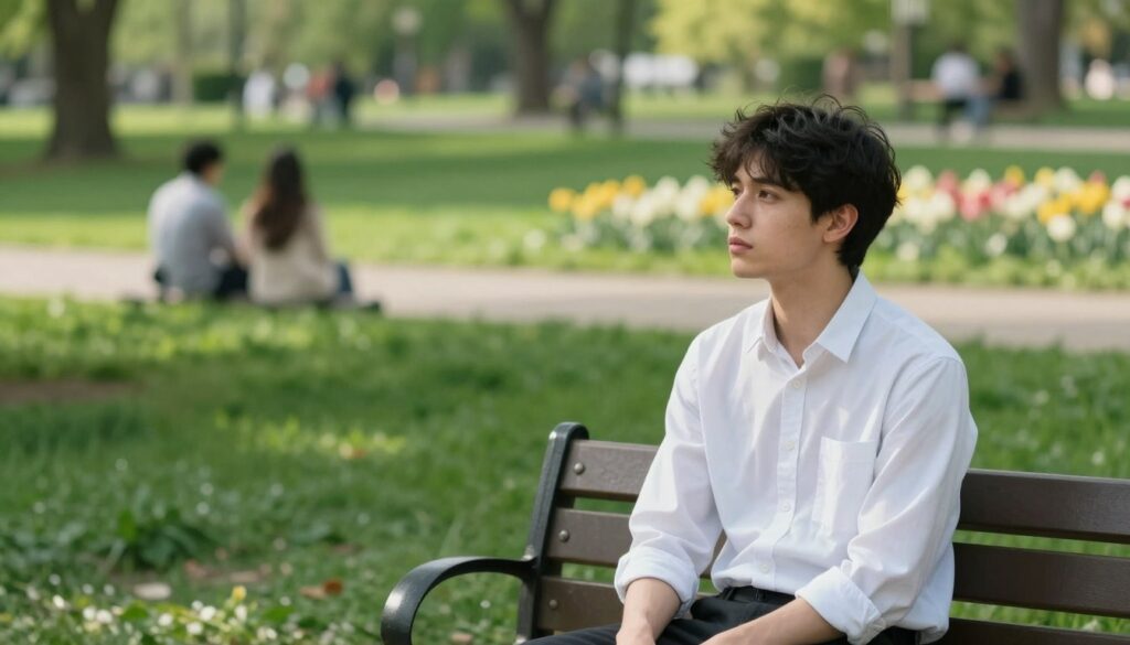 A reflective scene depicting a young man sitting on a park bench, lost in thought as he gazes at an empty space, symbolizing memories of his former girlfriend. The foreground features the man in neatly pressed casual clothing, looking contemplative, with a hint of sadness in his eyes. In the middle ground, the vibrant green park is filled with blooming flowers and soft sunlight filtering through the leaves, emphasizing a nostalgic atmosphere. In the background, blurred figures of couples enjoying the park create a sense of contrast, highlighting his solitude. The image should have soft, natural lighting, shot from a slightly elevated angle to capture both the man's expression and the serene surroundings, evoking a mood of reflection and longing.