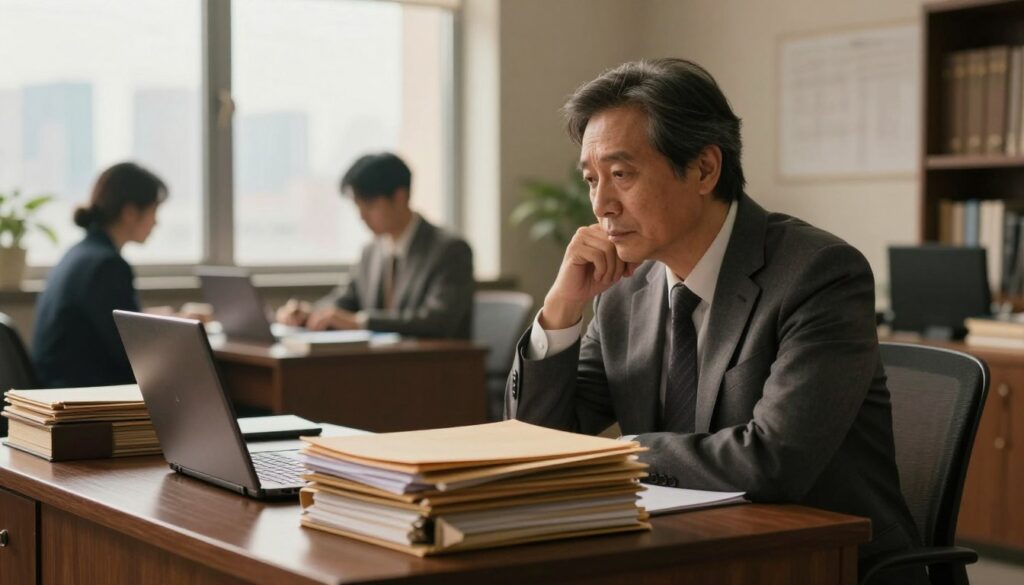 A reflective scene illustrating the theme of returning to old work obligations. In the foreground, a middle-aged person in professional business attire sits at a vintage desk, looking contemplatively at a stack of old folders and a dusty laptop, symbolizing past responsibilities. The middle layer features a softly lit office environment with a window overlooking a city skyline, casting gentle morning light that creates a warm ambiance. In the background, blurred images of coworkers engaged in tasks, evoking a sense of nostalgia, enhance the mood. The color palette leans towards warm earth tones, conveying both reminiscence and the desire for change. The overall atmosphere is introspective and thought-provoking, inviting viewers to ponder the significance of their own past job experiences.