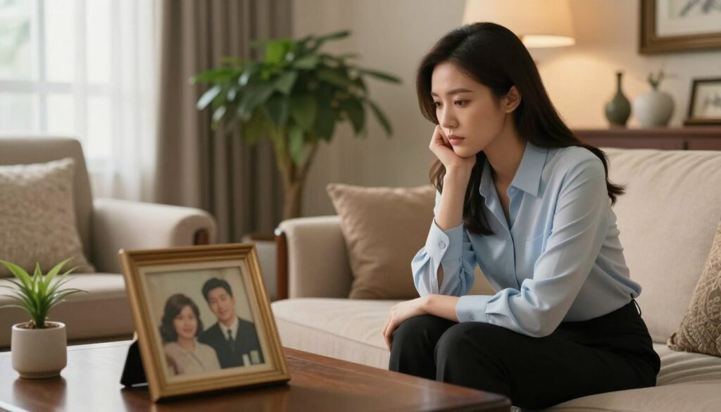 A reflective woman in her early thirties, dressed in a professional light blue blouse and black slacks, sits in an elegantly designed living room. Her expression is pensive, gazing at an old photograph on the coffee table, which features her and her former husband during happier times. The foreground captures the softly focused photograph, while the midground reveals the woman in a cozy yet sophisticated setting, adorned with plants and warm lighting. In the background, large windows allow gentle afternoon light to filter in, creating a tranquil atmosphere filled with nostalgia. The overall mood evokes introspection and emotional complexity, symbolizing the weight of past relationships and their lingering impact on the psyche.