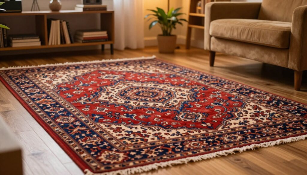 A richly woven, ornate Persian rug sprawls elegantly across a soft wooden floor, its intricate patterns reflecting a tapestry of memories and emotions. In the foreground, a portion of the carpet is depicted, focusing on vibrant colors and detailed motifs that suggest depth and history. The middle ground features a warm, cozy living room setting, bathed in soft, golden lighting, evoking a sense of comfort and stability. A plush armchair sits beside the carpet, with a small, potted plant adding a touch of life. In the background, shelves lined with books and decorative objects create an inviting atmosphere. The mood is introspective and serene, inviting the viewer to ponder the significance of the carpet in dreams, showcasing its role as a symbol of home and hidden mysteries.