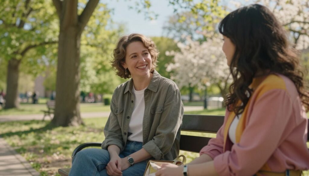 A scene depicting a former partner and their new significant other in a park setting, with a soft focus on their interactions. In the foreground, the former partner is casually dressed in a stylish yet modest outfit, showing a warm smile while conversing with their companion, who wears a colorful yet appropriate ensemble. In the middle ground, a bench with personal objects hints at shared moments, while the couple is framed by the lush greenery of trees and blooming flowers. The background features a softly blurred sunny sky, adding a bright atmosphere. Use natural lighting to create a warm, inviting ambiance, capturing a bittersweet feeling, as if reflecting on past emotions. The angle should be slightly elevated, providing a gentle bird's-eye view of the scene.