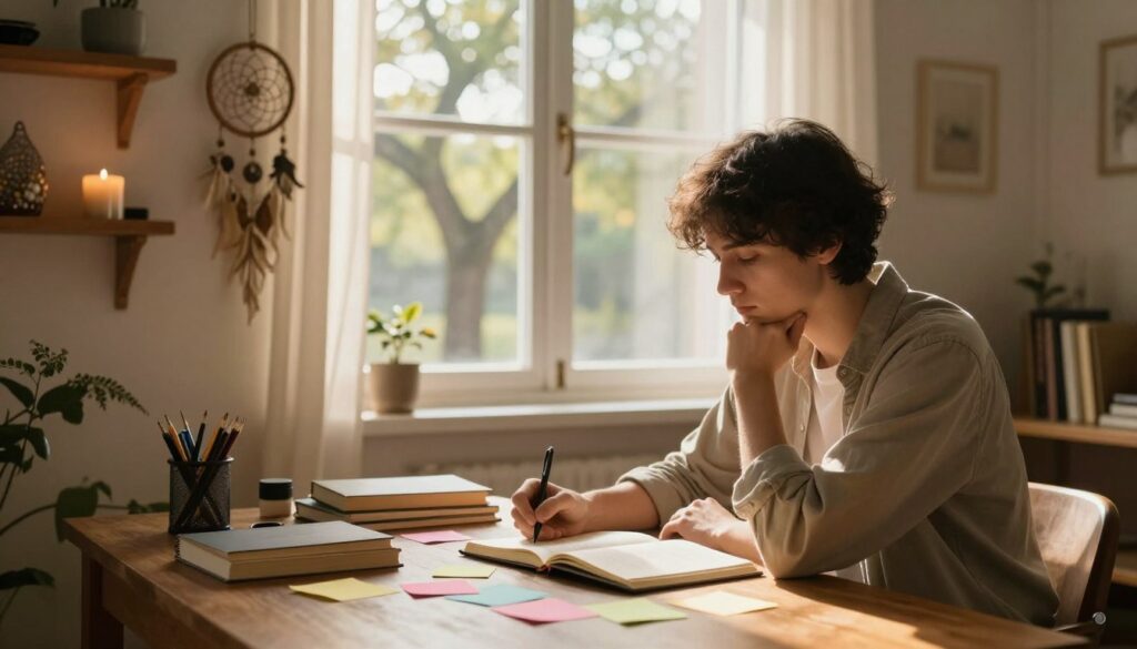A serene and cozy room filled with soft, warm lighting that evokes a sense of introspection and change. In the foreground, a well-dressed individual sits at a wooden desk, thoughtfully journaling about dreams, surrounded by open books and colorful notes. In the middle ground, a calming window reveals a gently swaying tree, symbolizing growth and new perspectives, while on the shelves are dream-related artifacts like a dreamcatcher and a candle, hinting at inner transformation. The background features light, airy curtains, letting in golden sunlight that creates a peaceful atmosphere, promoting the idea of embracing the messages of dreams for everyday change. The overall mood is reflective and hopeful, inviting viewers to consider their own dreams' meanings.