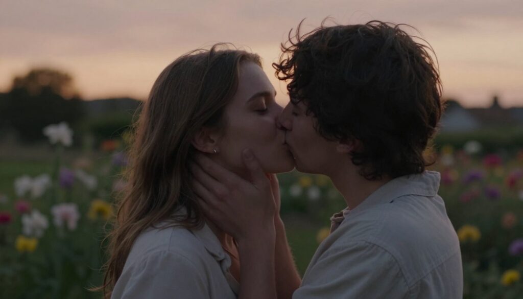 A serene and emotional scene depicting a gentle kiss between two individuals, conveying intimacy and connection. In the foreground, the couple, dressed in modest casual clothing, shares a soft moment with their eyes closed, expressing affection and warmth. The middle ground features a softly blurred garden setting, with blooming flowers and greenery, symbolizing love and hope. In the background, a twilight sky casts a warm glow, enhancing the romantic atmosphere. Use soft, diffused lighting to create a dreamy effect, as if captured with a 50mm lens from a close angle, focusing on the couple's expressions. The overall mood is tender and reflective, evoking feelings of closeness and the impact of dreams on daily life.
