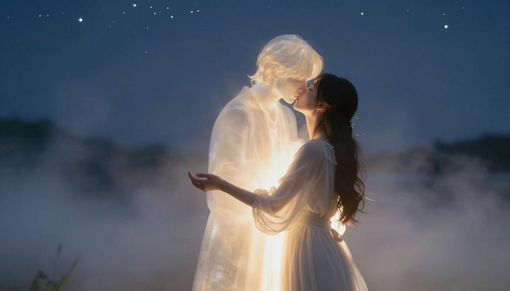 A serene and ethereal scene depicting a dreamlike kiss between a woman and a soft, glowing apparition of her deceased husband. In the foreground, the woman, dressed in a modest, flowing gown, embodies a sense of longing and tenderness. She reaches out gently, her expression a blend of love and sorrow, while the apparition radiates a warm, comforting light. The middle ground features delicate wisps of mist that surround them, enhancing the otherworldly feel. The background showcases a tranquil night sky filled with stars, symbolizing hope and remembrance. Soft, diffused lighting creates a calming atmosphere, while a slight bokeh effect blurs the surroundings, focusing on the emotional connection between the two figures. A serene and ethereal scene depicting a dreamlike kiss between a woman and a soft, glowing apparition of her deceased husband. In the foreground, the woman, dressed in a modest, flowing gown, embodies a sense of longing and tenderness. She reaches out gently, her expression a blend of love and sorrow, while the apparition radiates a warm, comforting light. The middle ground features delicate wisps of mist that surround them, enhancing the otherworldly feel. The background showcases a tranquil night sky filled with stars, symbolizing hope and remembrance. Soft, diffused lighting creates a calming atmosphere, while a slight bokeh effect blurs the surroundings, focusing on the emotional connection between the two figures.