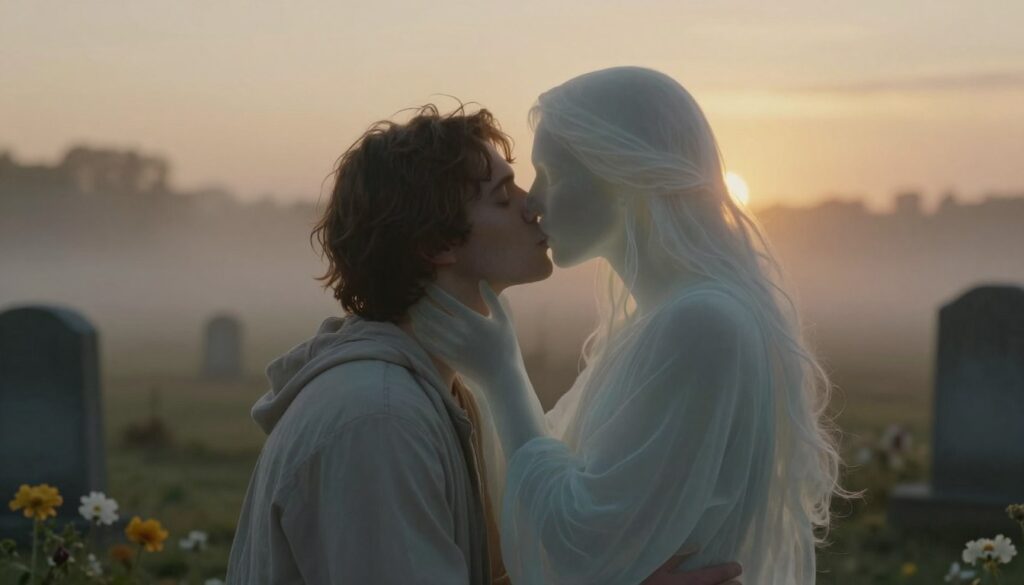 A serene and haunting scene depicting a tender kiss between a living person and a translucent figure representing a deceased loved one. In the foreground, the living figure, dressed in modest, flowing clothing, leans in gently, their expression filled with longing and nostalgia. The ethereal outline of the deceased person, softly illuminated, represents a sense of peace and love, with soft features highlighted against a misty background. The middle ground features faintly blurred elements like flowers and gravestones, symbolizing memory and loss, while the background is a tranquil landscape with a warm sunset casting golden hues that evoke a bittersweet mood. The lighting is soft and diffused, enhancing the emotional connection, with a focus on capturing the depth of feelings conveyed in this poignant moment. A serene and haunting scene depicting a tender kiss between a living person and a translucent figure representing a deceased loved one. In the foreground, the living figure, dressed in modest, flowing clothing, leans in gently, their expression filled with longing and nostalgia. The ethereal outline of the deceased person, softly illuminated, represents a sense of peace and love, with soft features highlighted against a misty background. The middle ground features faintly blurred elements like flowers and gravestones, symbolizing memory and loss, while the background is a tranquil landscape with a warm sunset casting golden hues that evoke a bittersweet mood. The lighting is soft and diffused, enhancing the emotional connection, with a focus on capturing the depth of feelings conveyed in this poignant moment.
