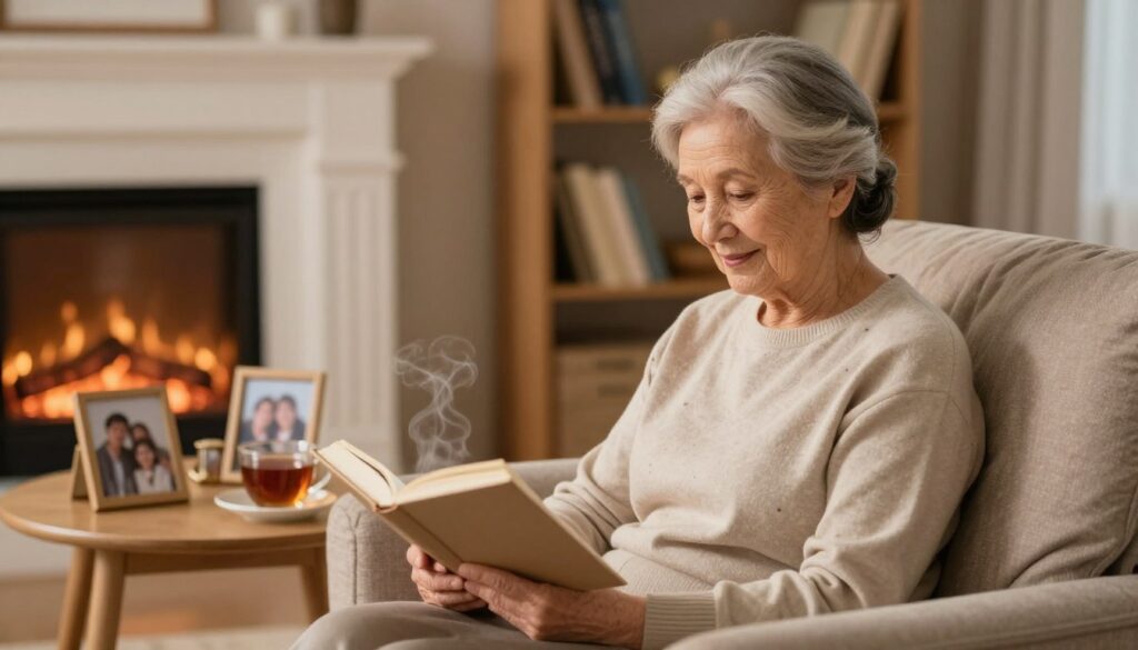 A serene and heartwarming scene depicting a wise grandmother figure, sitting on a cozy armchair in a warmly lit living room. She is dressed in modest casual clothing, with soft gray hair neatly styled, exuding kindness and wisdom. In the foreground, the grandmother holds a book, her gentle smile reflecting a sense of guidance and love. The middle ground features a small table with family photos and a steaming cup of tea, emphasizing the theme of family connection. The background showcases a softly glowing fireplace and shelves filled with books, creating a cozy and inviting atmosphere. The lighting is soft and warm, enhancing the intimate mood of the scene, captured from a slightly elevated angle to convey warmth and affection.
