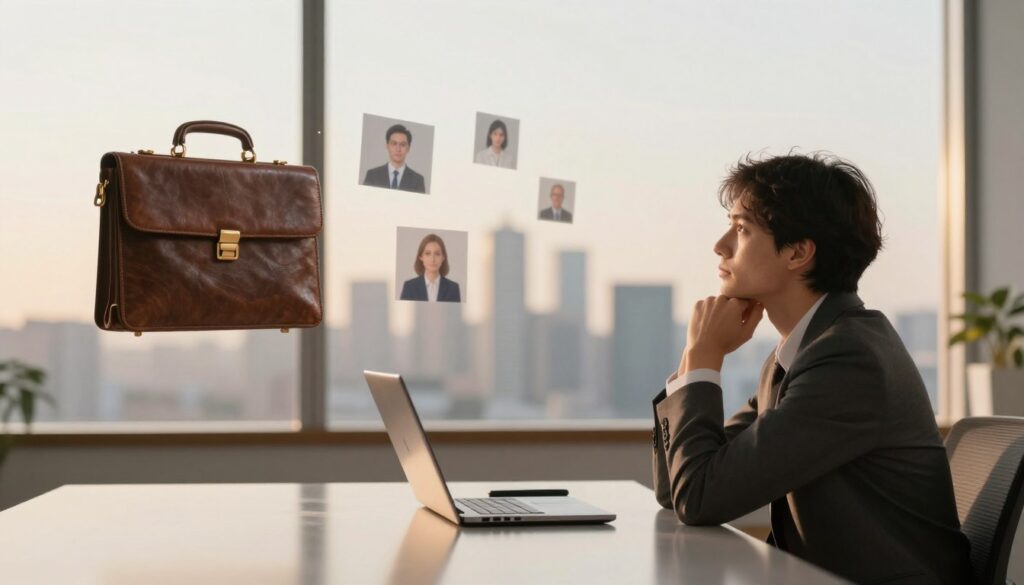 A serene and insightful office scene depicting a dream-like transition from an old job to a new career. In the foreground, a thoughtful person in business attire sits at a desk, gazing at a reflective surface, symbolizing introspection and change. The middle ground features a translucent representation of various career elements—a briefcase, a laptop, and images of different professions—hovering gently, illustrating possibilities. The background displays a softly blurred city skyline, signifying growth and opportunity, under warm, golden hour lighting. The overall mood is contemplative yet hopeful, with a focus on the theme of professional transformation prompted by dreams. Create a sense of depth and clarity, enhancing the emotional connection to the subject matter.