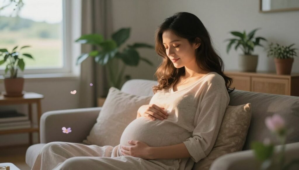 A serene and intimate scene depicting a dreamlike interpretation of a friend's sister experiencing pregnancy—soft, glowing light illuminating her face with a gentle warmth. She is seated in a cozy, sunlit living room filled with plants and comfortable furniture, radiating a peaceful aura while cradling her baby bump. In the background, a soft-focus image of a beautiful landscape can be seen through a window, symbolizing new beginnings. The foreground features delicate dream-like elements, such as floating blossoms or wisps of soft color, enhancing the dreamlike atmosphere. The overall mood is reflective and nurturing, capturing the essence of transformation and new journeys. The composition should evoke feelings of hope and tranquility, emphasizing the significance of dreams regarding pregnancy.
