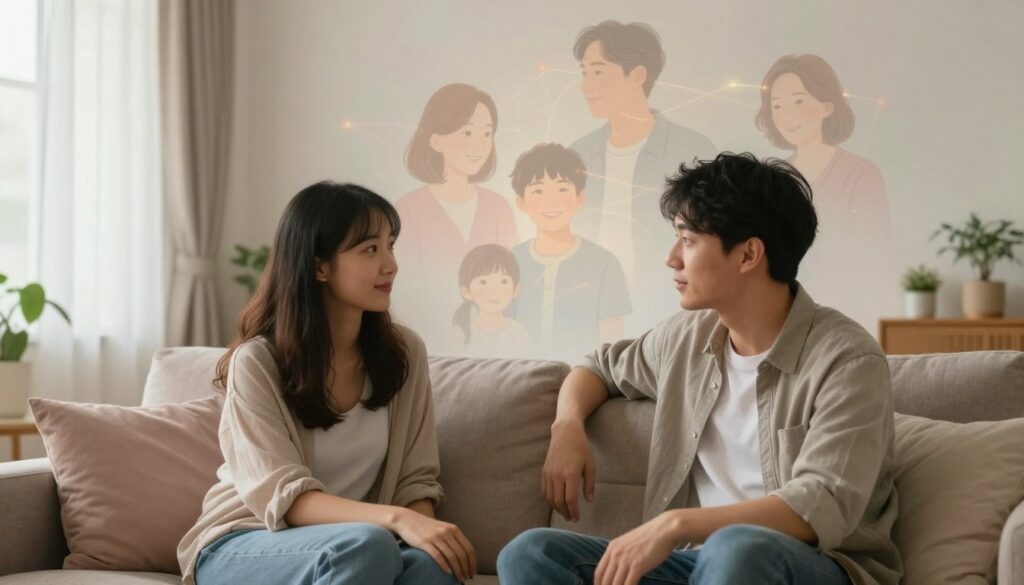 A serene and intimate scene depicting a family dream about a partner's relatives. In the foreground, a young couple sits on a plush sofa, engaged in a warm conversation, wearing casual yet modest clothing. The middle ground features soft, glowing images of family members intertwined with abstract dreamlike elements, symbolizing emotional connections. The background showcases a softly lit living room with pastel colors, accentuated by gentle light filtering through sheer curtains, creating a calm atmosphere. The lens is slightly angled to capture the couple’s expressions, evoking a sense of nostalgia and warmth. The overall mood reflects the impact of dreams about family relationships on daily life, promoting feelings of love and connection.