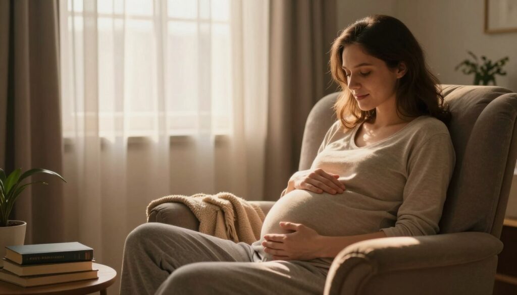 A serene and introspective scene depicting a woman in a softly lit room, representing the journey of self-discovery during her own pregnancy. She is seated comfortably on a plush armchair, wearing modest, casual clothing, with a peaceful expression as she thoughtfully gazes at her hands resting on her belly. In the foreground, a cozy blanket and a small stack of books about personal growth are visible. The middle ground features a window with sheer curtains, allowing soft, golden sunlight to stream in, casting gentle shadows. The background displays calming colors with a hint of greenery from potted plants, creating a sense of tranquility and reflection. The overall mood is one of warmth and quiet contemplation, expressing the emotional depth associated with personal change and life comparisons.