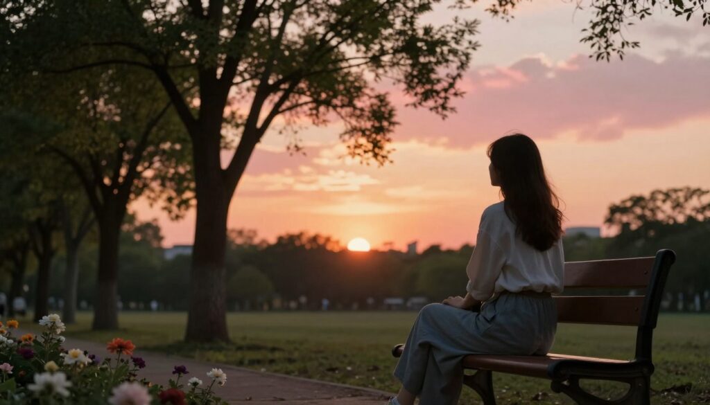 A serene and introspective scene depicting a woman sitting alone on a park bench, lost in thought, gazing at a distant sunset. She is dressed in modest casual clothing, reflecting a sense of contemplation and nostalgia. In the foreground, soft flowers bloom, symbolizing growth and memories. The middle ground features tall, leafy trees that provide a gentle canopy, their branches swaying slightly in the breeze. The background showcases a warm, glowing sky painted in shades of orange and pink, with soft clouds. The lighting is soft and golden, creating a dreamlike atmosphere filled with warmth and reflection. The overall mood is one of peaceful reminiscence, inviting viewers to connect with the themes of past relationships and emotional memories. A serene and introspective scene depicting a woman sitting alone on a park bench, lost in thought, gazing at a distant sunset. She is dressed in modest casual clothing, reflecting a sense of contemplation and nostalgia. In the foreground, soft flowers bloom, symbolizing growth and memories. The middle ground features tall, leafy trees that provide a gentle canopy, their branches swaying slightly in the breeze. The background showcases a warm, glowing sky painted in shades of orange and pink, with soft clouds. The lighting is soft and golden, creating a dreamlike atmosphere filled with warmth and reflection. The overall mood is one of peaceful reminiscence, inviting viewers to connect with the themes of past relationships and emotional memories.
