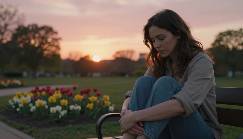 A serene and introspective scene depicting a woman sitting on a bench in a peaceful park, deep in thought about love and commitment. In the foreground, the woman, dressed in modest casual clothing, gently rests her hands on her knees, with a contemplative expression on her face. The middle ground features soft, blooming flowers in vibrant colors, representing growth and change, while the background showcases a gentle sunset casting warm hues of orange and pink across the sky. The lighting should be soft and golden, creating a calm and reflective atmosphere. The angle is slightly elevated, looking down at the woman and surrounding nature, emphasizing her connection to her thoughts about relationships and dreams. A serene and introspective scene depicting a woman sitting on a bench in a peaceful park, deep in thought about love and commitment. In the foreground, the woman, dressed in modest casual clothing, gently rests her hands on her knees, with a contemplative expression on her face. The middle ground features soft, blooming flowers in vibrant colors, representing growth and change, while the background showcases a gentle sunset casting warm hues of orange and pink across the sky. The lighting should be soft and golden, creating a calm and reflective atmosphere. The angle is slightly elevated, looking down at the woman and surrounding nature, emphasizing her connection to her thoughts about relationships and dreams.