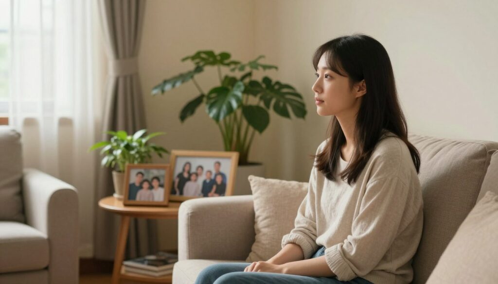 A serene and introspective scene depicting a young woman in a cozy, well-lit living room, reflecting on the significance of family bonds. In the foreground, she sits thoughtfully on a comfortable sofa, dressed in modest casual clothing, with a soft expression on her face as she gazes out the window. In the middle ground, a small table holds family photographs, symbolizing her emotional connections. The background features warm-toned walls and lush indoor plants, creating an inviting atmosphere. Soft, natural light filters through sheer curtains, illuminating the scene with a gentle glow. The overall mood is one of contemplation and warmth, emphasizing the importance of familial ties and emotions.