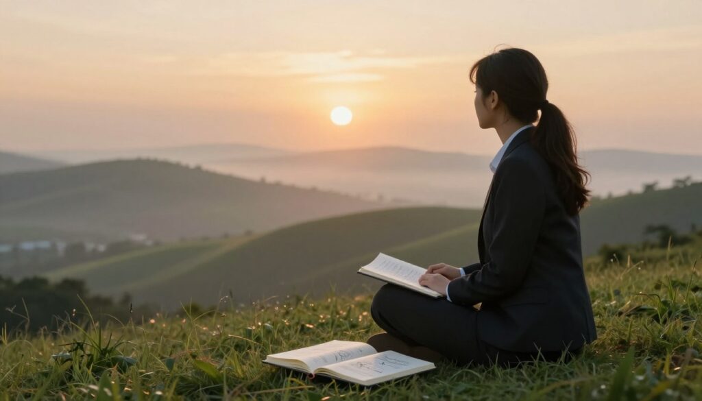 A serene and introspective scene depicting a young woman sitting cross-legged on a grassy hilltop at sunrise, surrounded by soft, ethereal light. She is dressed in professional business attire, reflecting a balance of formal and approachable. In the foreground, an open journal rests beside her, filled with sketches and notes, symbolizing personal growth and reflection. In the middle ground, gentle rolling hills fade into a soft mist, representing dreams and aspirations. The background reveals a vibrant sunrise, casting warm, golden hues across the sky, creating an atmosphere of hope and renewal. The composition should embody a sense of calm and focus, inspiring viewers to explore their own personal development.