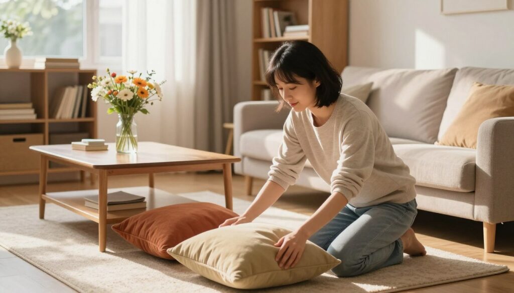 A serene and inviting interior scene symbolizing "cleaning as a way to regain control over life." In the foreground, a person in modest casual clothing kneels down, organizing colorful cushions on a cozy sofa, their expression focused and content. The middle ground features a well-lit room with orderly bookshelves, a polished coffee table, and a vase of fresh flowers, enhancing the feeling of tranquility. In the background, warm sunlight filters through sheer curtains, casting gentle shadows, and illuminating the clean, cheerful space. The overall atmosphere should evoke a sense of calm, satisfaction, and empowerment, as if the act of cleaning is a metaphor for reclaiming one’s life and inner peace. A cozy rug accentuates the warmth of the scene.