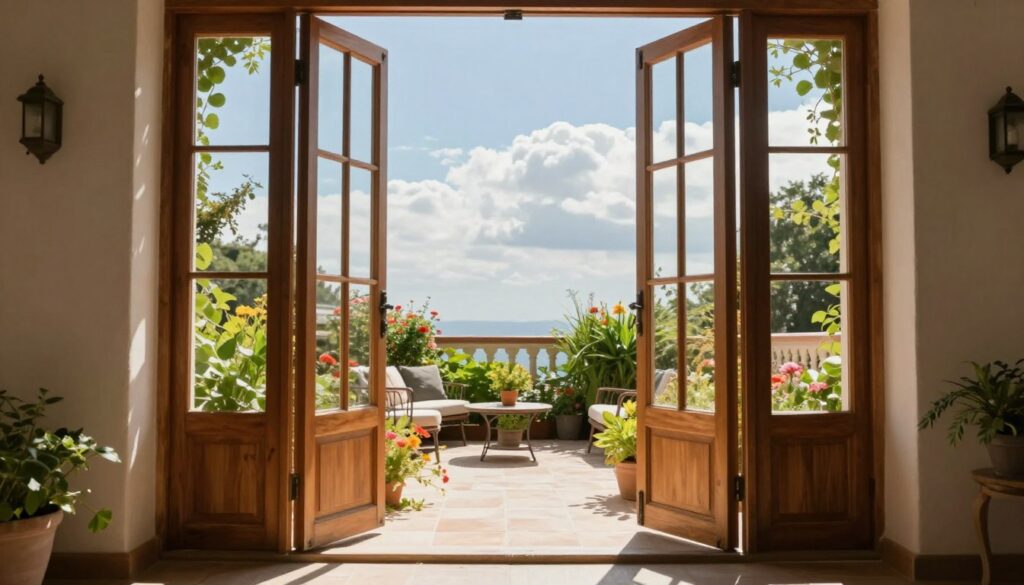 A serene and inviting scene featuring an elegantly designed set of balcony doors, framed in warm wooden tones, partially open to reveal a bright terrace. In the foreground, lush greenery spills over the edges of the balcony, with colorful flowers adding a touch of vibrancy. The middle ground depicts a sun-drenched patio set with comfortable seating and a small table, designed for relaxation. In the background, a clear blue sky with soft, fluffy clouds complements the tranquil atmosphere. Natural sunlight filters through the doors, casting gentle shadows that enhance the structure's intricate details. The mood is peaceful and contemplative, ideal for reflecting on the significance of thresholds and transitions in dreams. The image should be shot from a slightly low angle, emphasizing the grandeur of the doors and the inviting space beyond.
