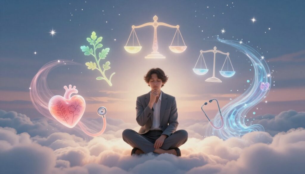 A serene and mystical dreamscape depicting the interpretation of dreams related to health and the body. In the foreground, a thoughtful person in professional attire sits cross-legged on a softly glowing, cloud-like surface, surrounded by ethereal symbols representing health, such as a heart, a stethoscope, and anatomical drawings. In the middle ground, translucent, colorful dream symbols like healing herbs, balanced scales, and flowing water swirl around them, representing wellness and vitality. The background features a twilight sky filled with twinkling stars and soft, radiant light illuminating the scene, enhancing the atmosphere of calm and introspection. The overall mood is tranquil and reflective, inviting contemplation about physical health and well-being. Use soft lighting and a gentle focus to evoke a dreamy quality.