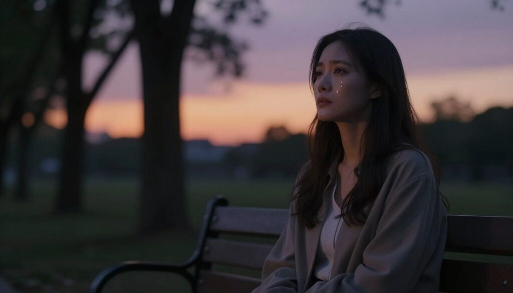 A serene and reflective scene depicting a woman sitting alone on a park bench at dusk, lost in thought, with tears glistening in her eyes. She is dressed in modest yet elegant attire, emanating a poignant aura of nostalgia and introspection. In the foreground, focus on the woman’s expressive face as she gazes into the distance, symbolizing her emotional connection to her late ex-husband. The middle ground features soft, blurred silhouettes of trees that create an intimate atmosphere, while the background reveals a hazy sunset, casting warm hues of orange and purple across the sky. The lighting is soft and ethereal, enhancing the melancholic mood of reflection and unresolved feelings. The image should evoke a deep sense of longing and contemplation, resonating with themes of memory and past commitments.